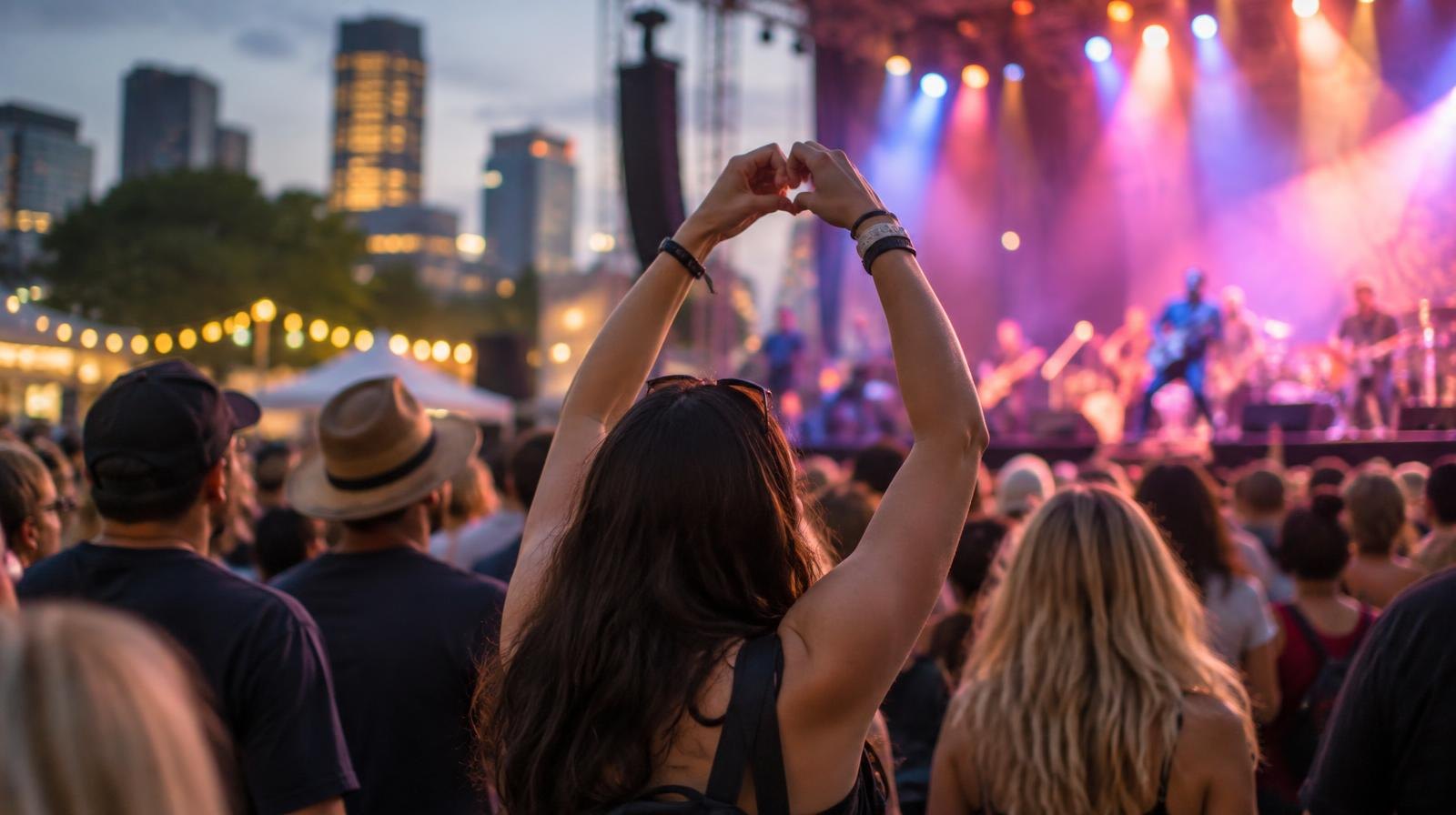 Brightly lit outdoor festival stage with a large crowd gathered in front at night.