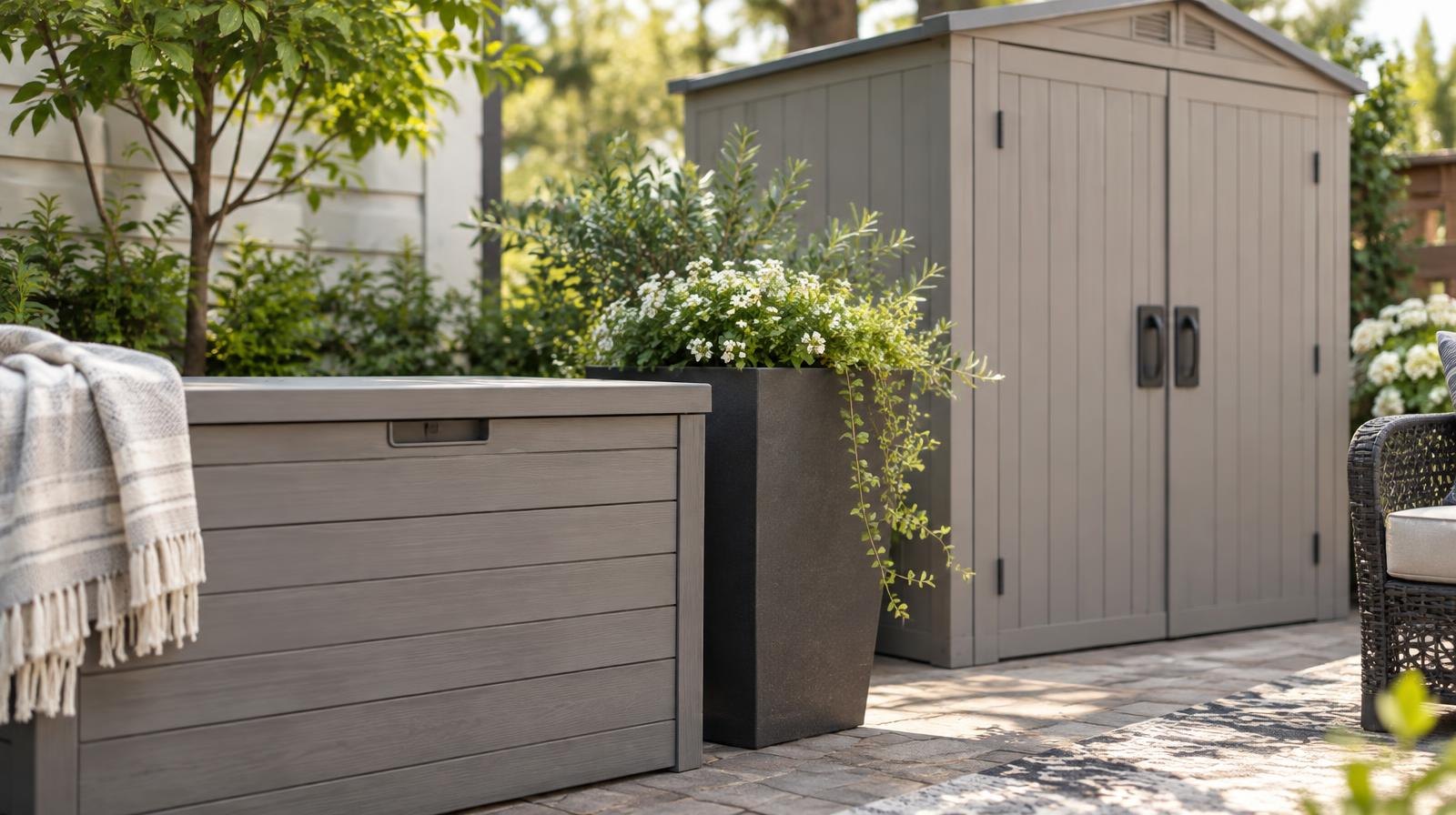 Resin deck box, planter, and garden shed arranged on a sunny patio.