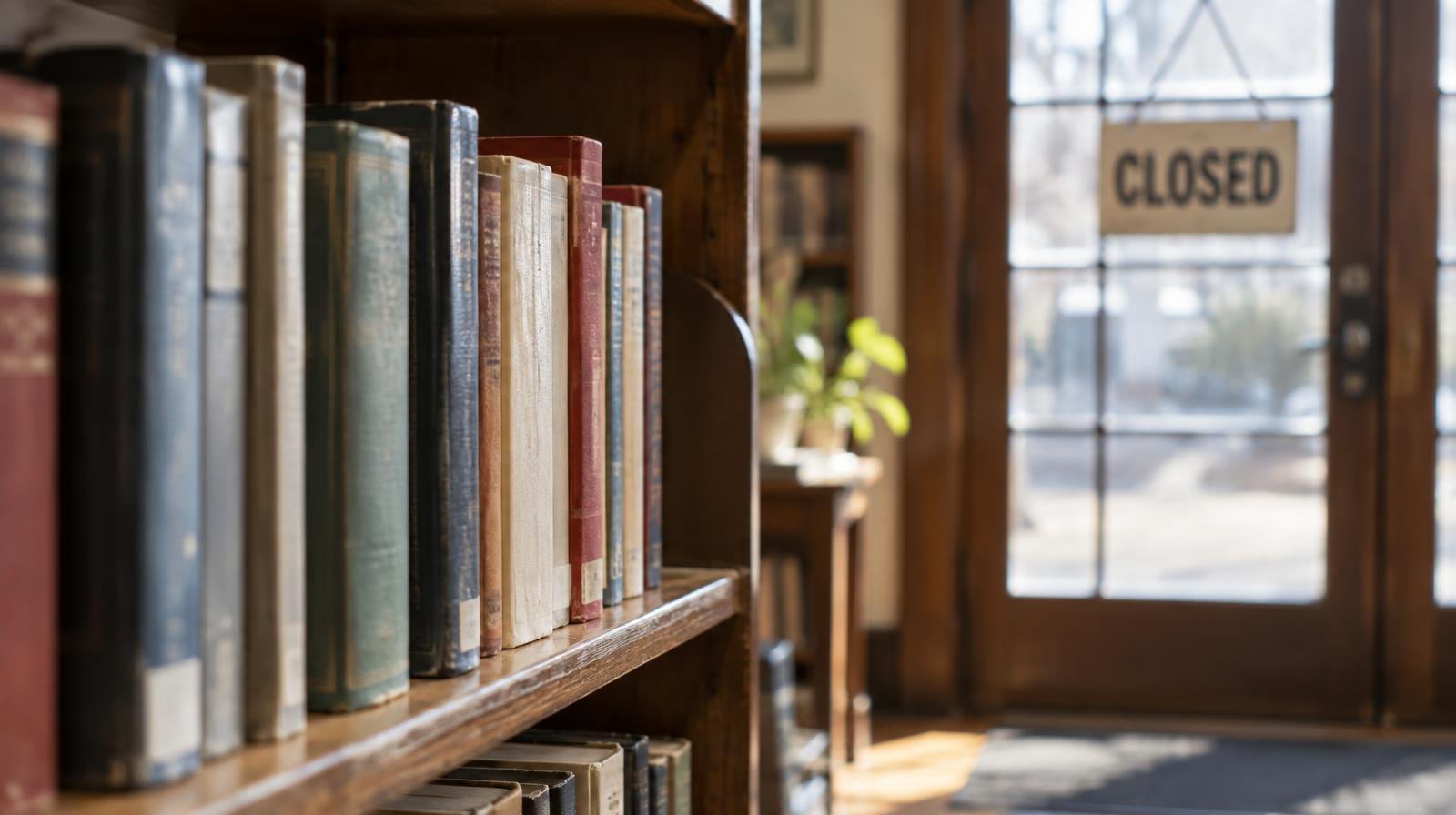 Books on a wooden library shelf with a closed sign visible on a glass door in the background.