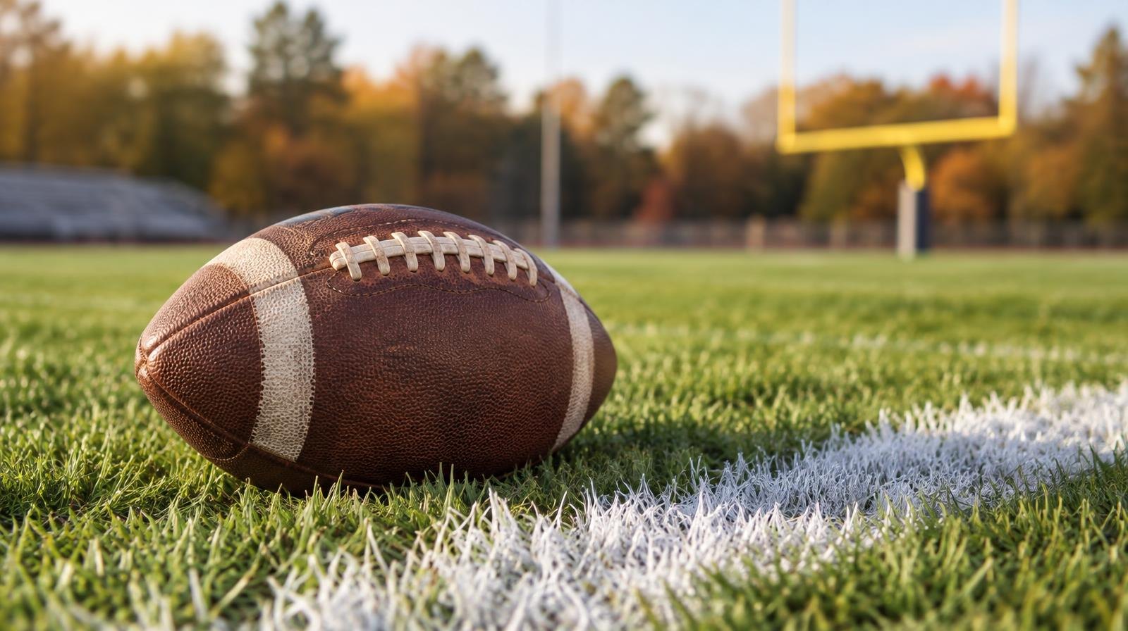 An American football resting on green grass near a white painted end zone line.