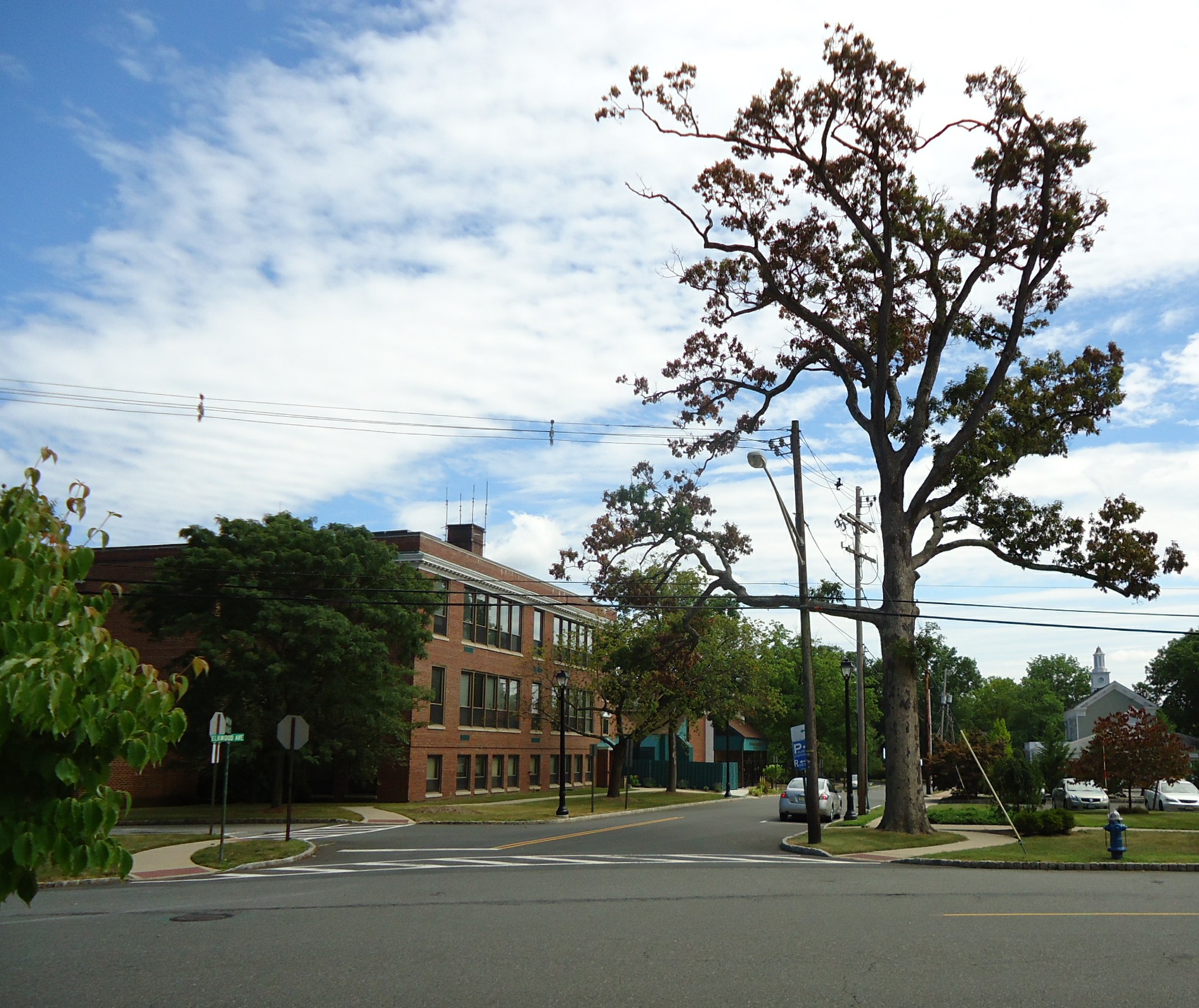 Brick municipal building along a tree-lined street in a suburban setting.