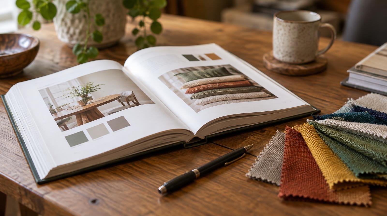 Open hardcover book and pen on a wooden table with colorful fabric swatches nearby.
