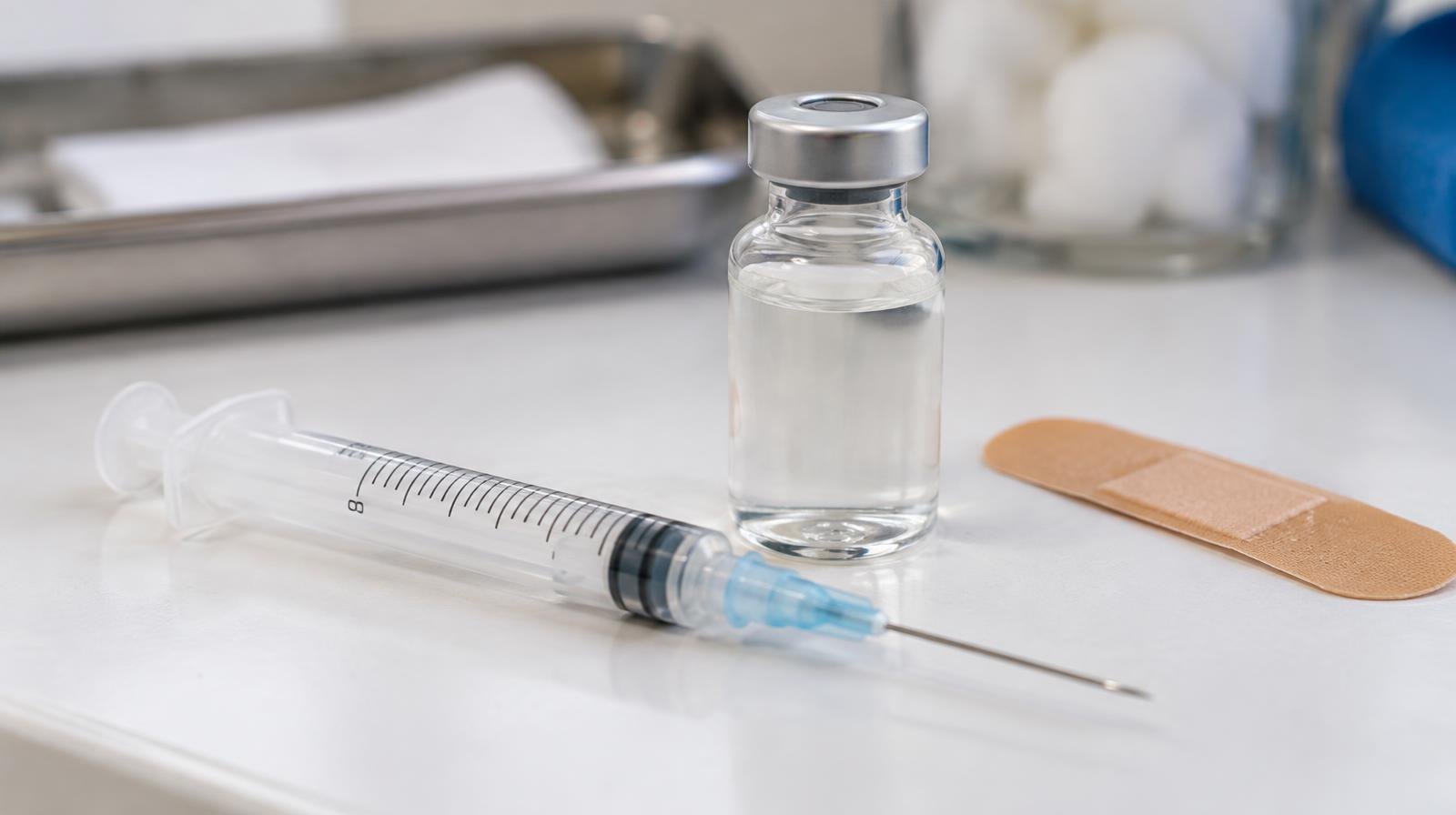 A syringe and vaccine vial on a white surface beside a bandage strip.