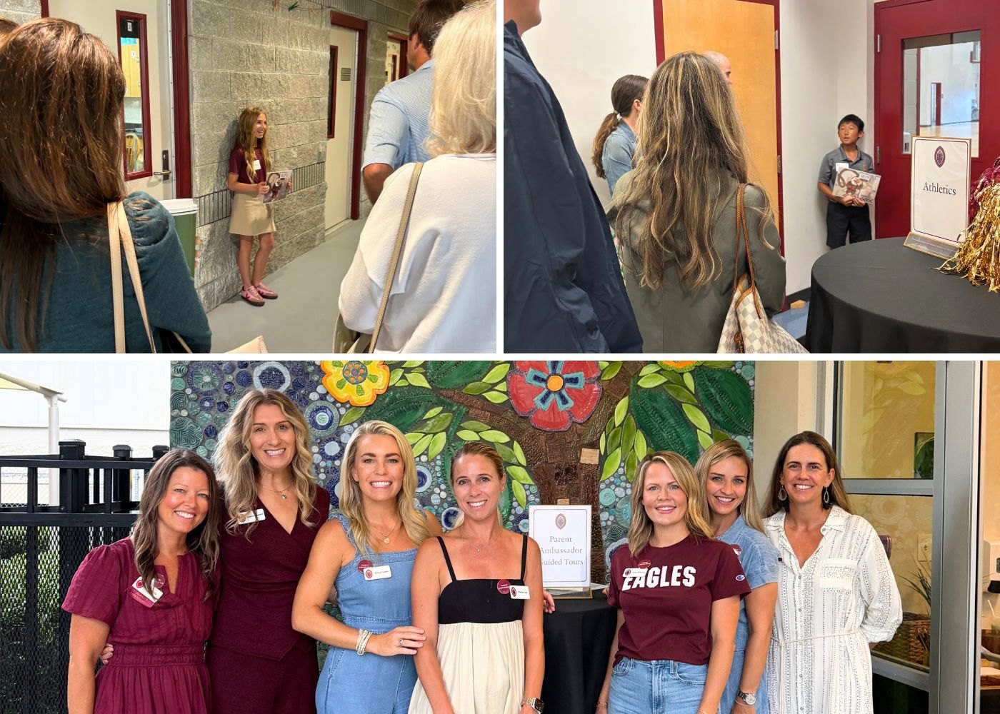 Collage of three photos showing adults gathered in school hallways and six women posing in front of a colorful mosaic mural.