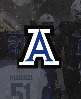 Acalanes Dons football logo, a blue and white letter "A," overlaid on a faded photo of players in Acalanes uniforms, including a jersey reading "Noroozi 51."