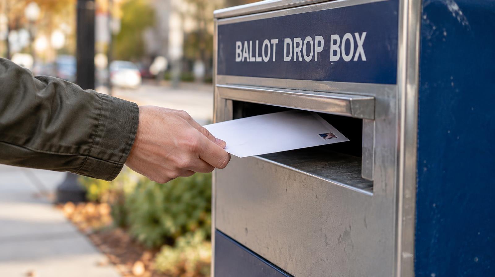 A hand dropping a sealed envelope into a ballot drop box slot outdoors.