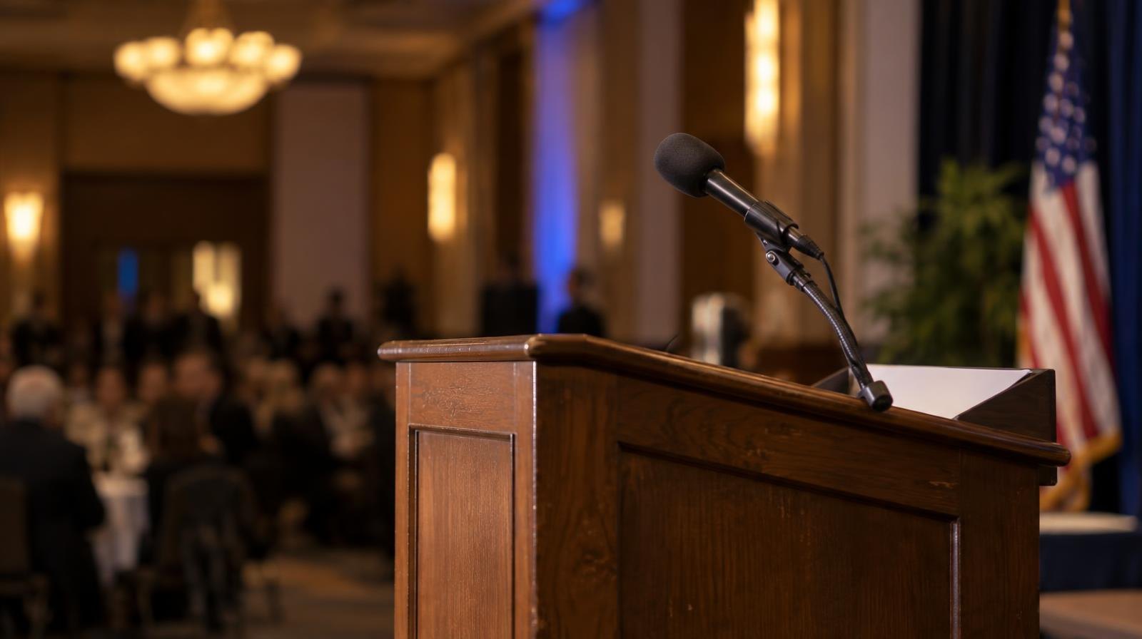A wooden podium with a microphone on a stage under warm lighting.