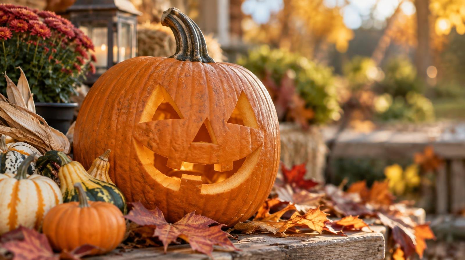 A carved orange pumpkin surrounded by autumn leaves and small gourds.