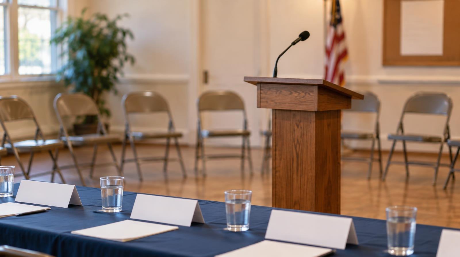 Empty folding chairs arranged in a semicircle around a podium in a meeting room.