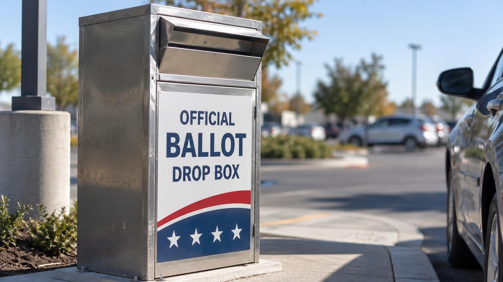 A metal ballot drop box mounted outdoors next to a drive-up lane.