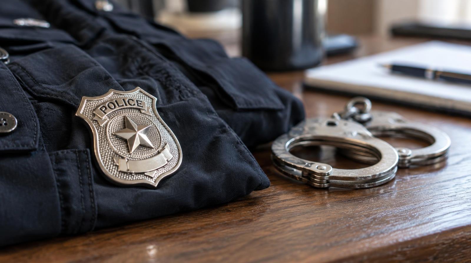 A shiny police badge resting on a folded dark navy uniform next to handcuffs.