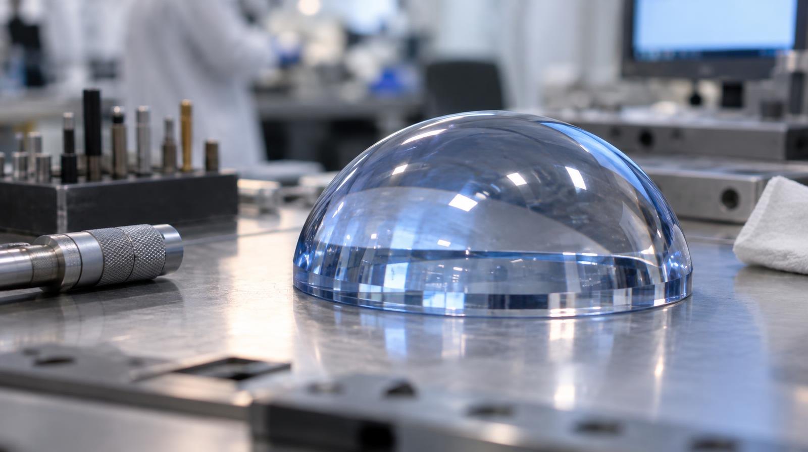 A clear blue-tinted polished sapphire optical dome on a workbench.