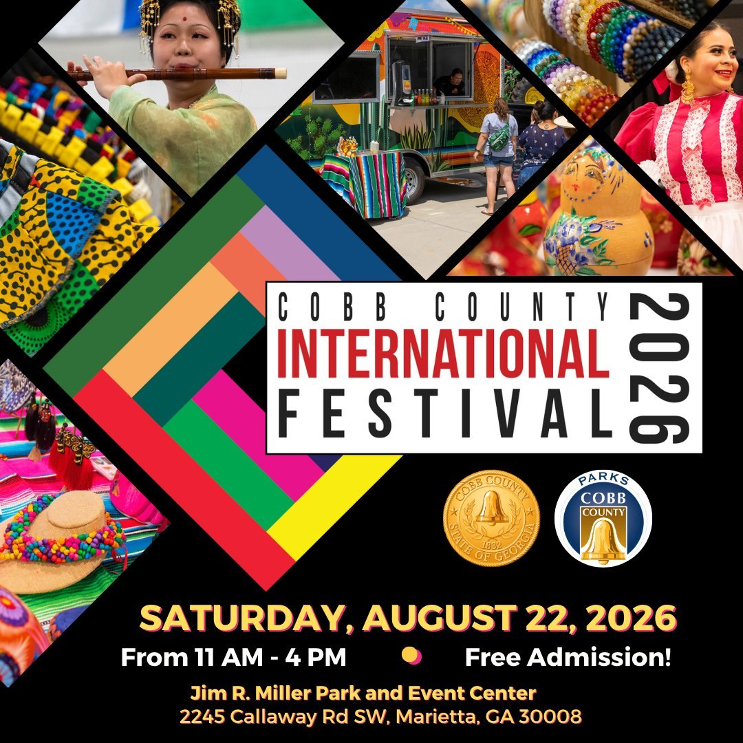 Promotional flyer for the Cobb County International Festival 2026 with collaged photos of performers and a food truck.