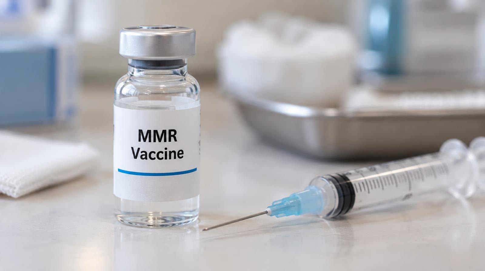 Glass vaccine vial and syringe on a clean white surface.