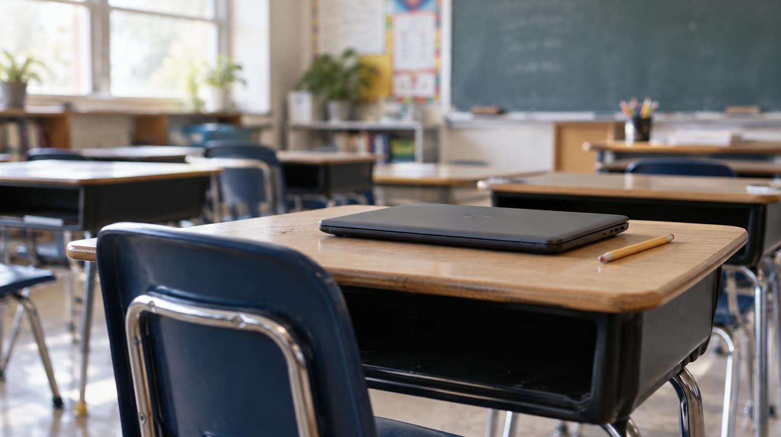 Rows of empty student desks in a bright classroom with a chalkboard and a closed laptop on one desk.