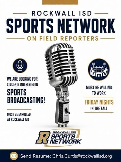Promotional flyer with a vintage microphone graphic seeking student sports broadcasting reporters.