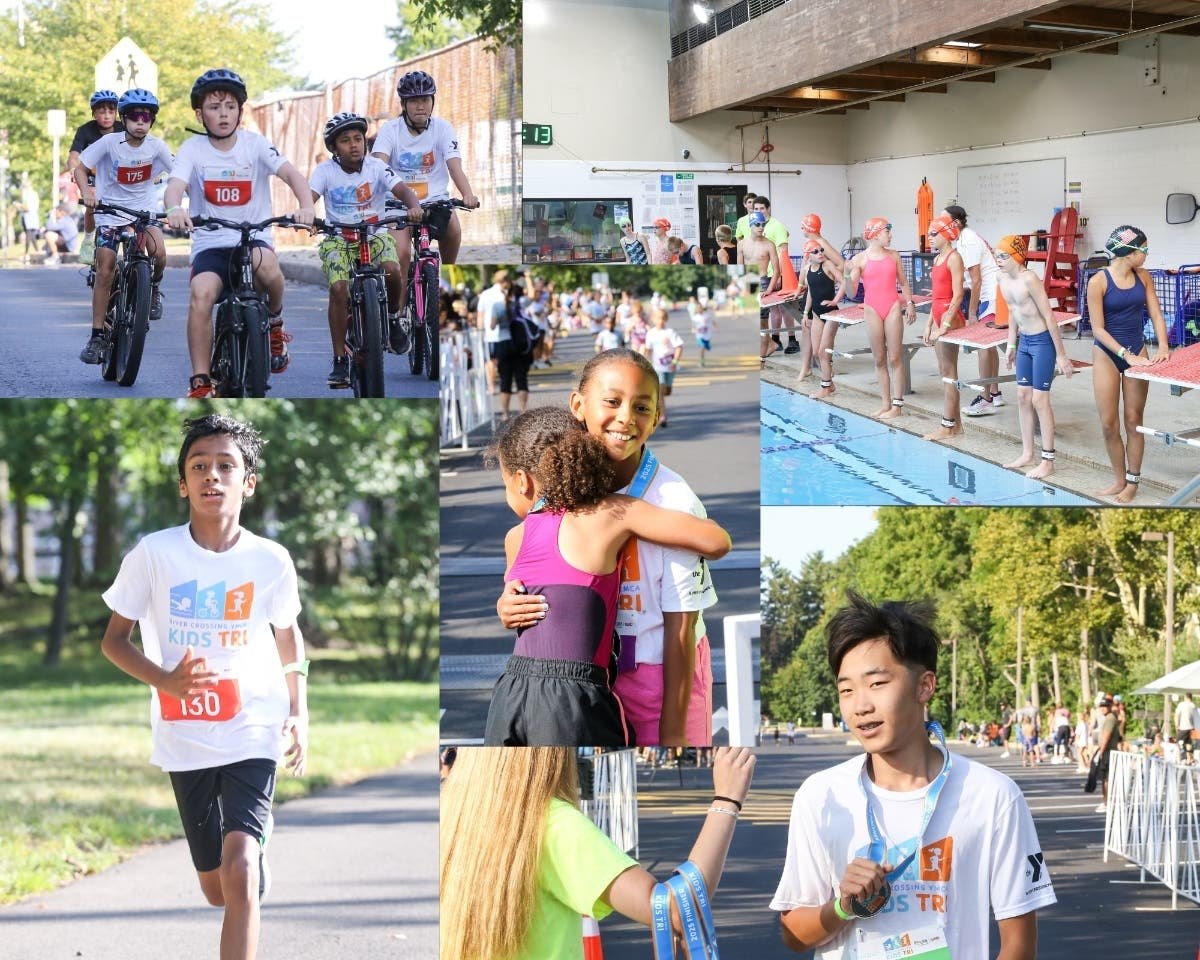 Collage of children competing in a triathlon, cycling, running, and near a pool.