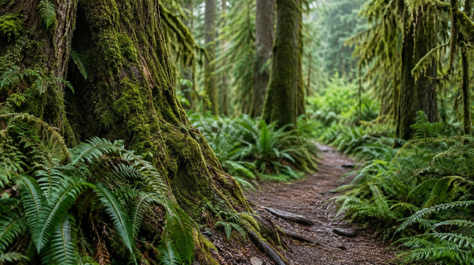 Narrow unpaved trail winding through a dense old-growth forest with moss-covered conifers and ferns.