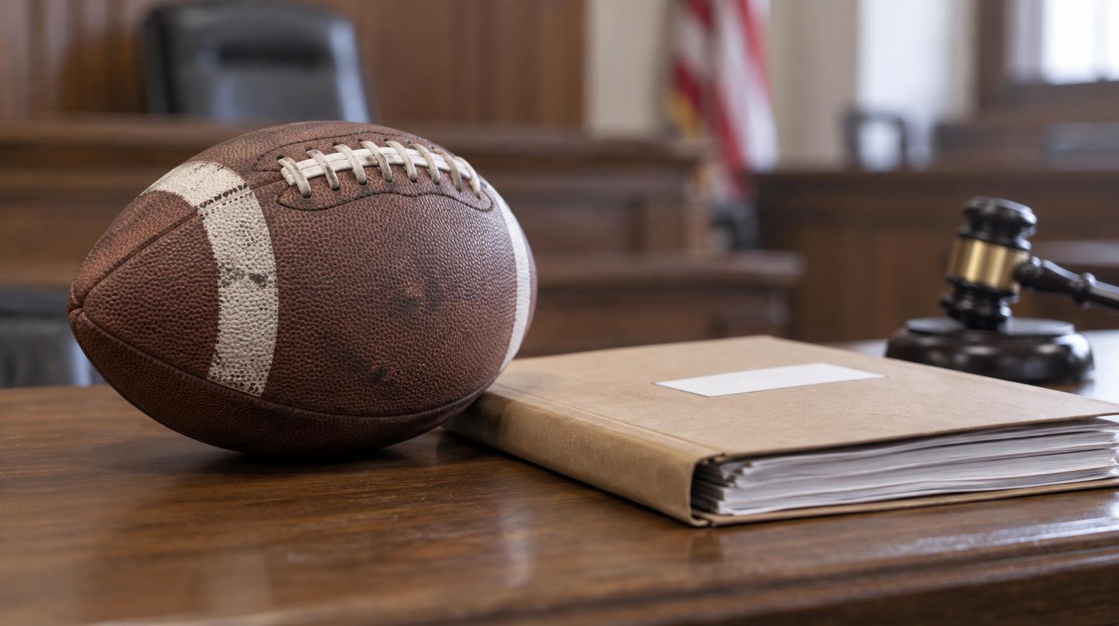 A football resting on a wooden bench next to a legal document folder.