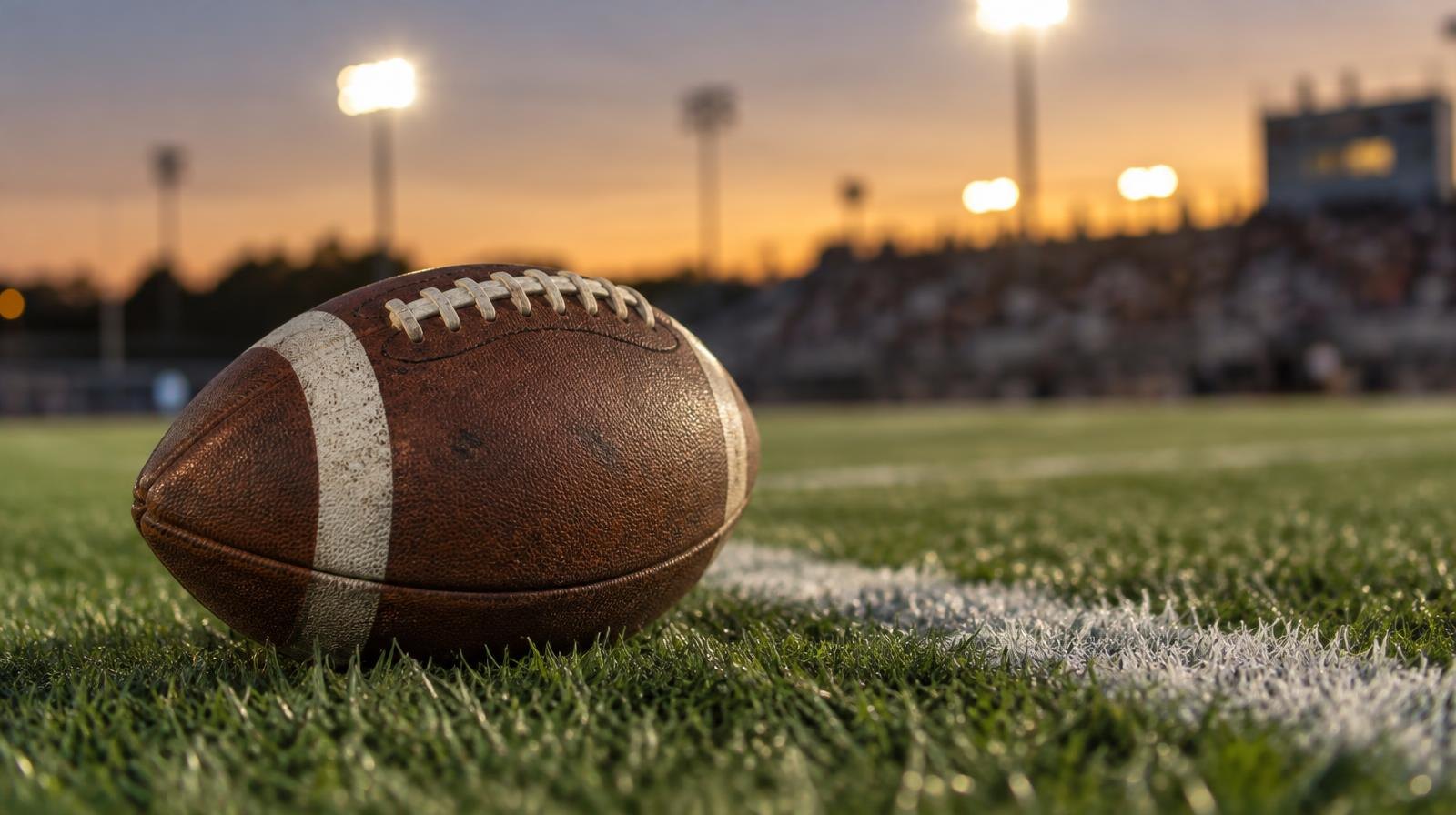 An American football resting on green grass beside a white yard line.