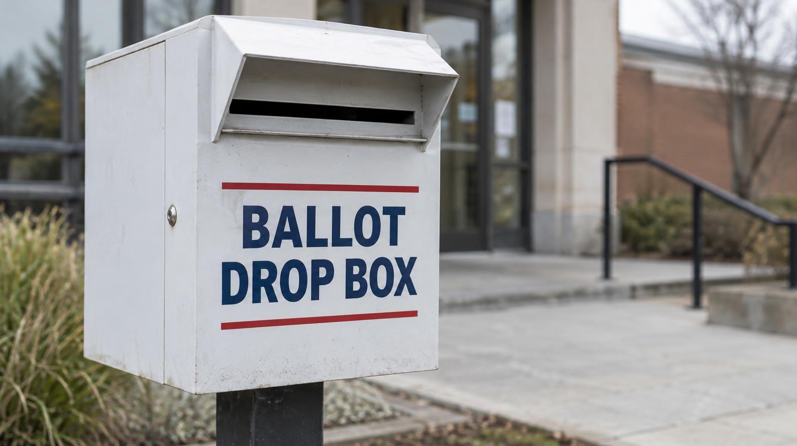 An outdoor ballot drop box mounted on a post with a mail slot opening.