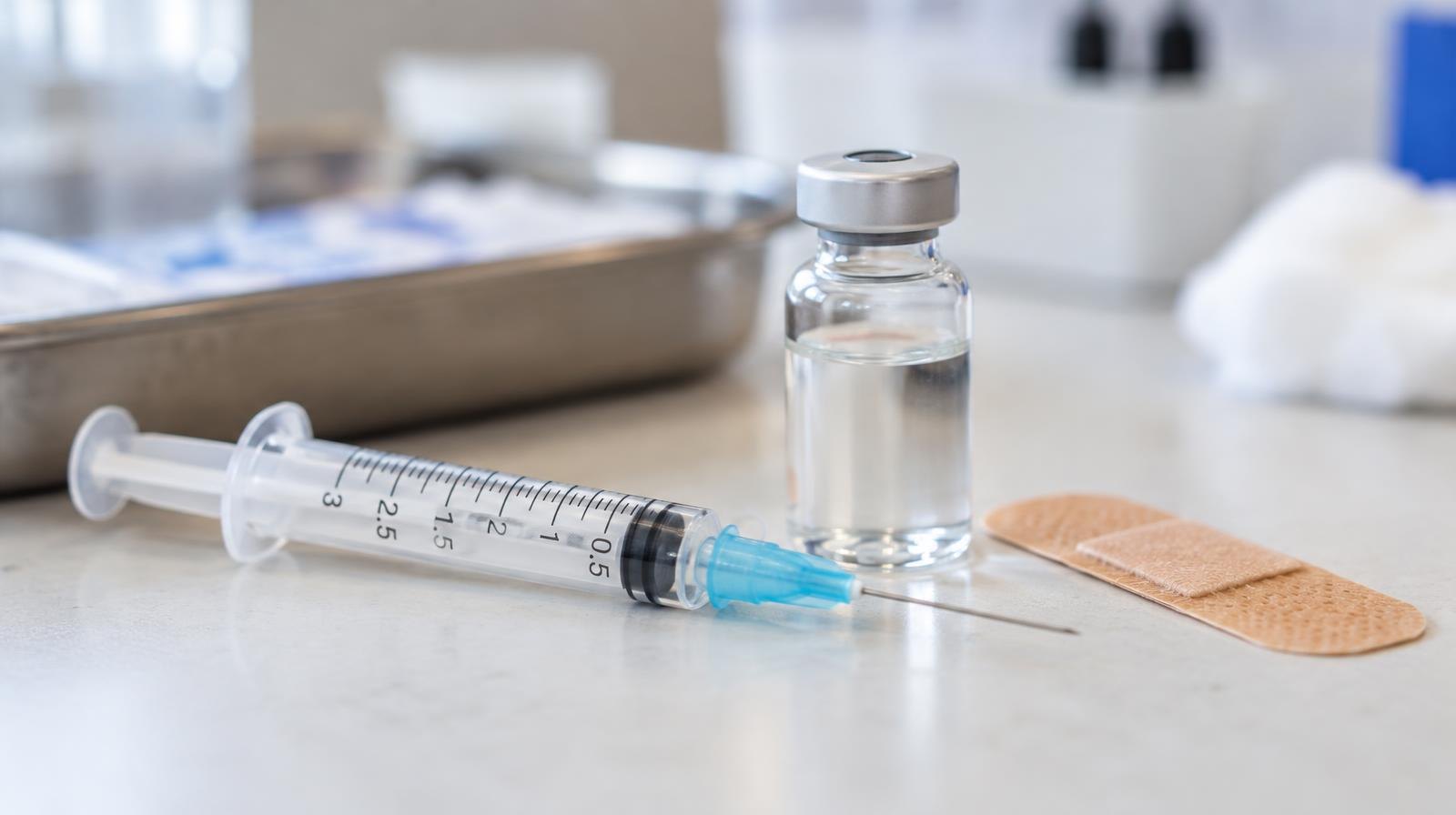 A filled syringe and vaccine vial on a clean surface beside a bandage.