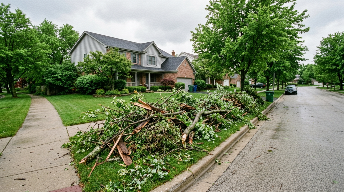 Piles of broken tree branches and brush stacked on a suburban parkway awaiting collection.