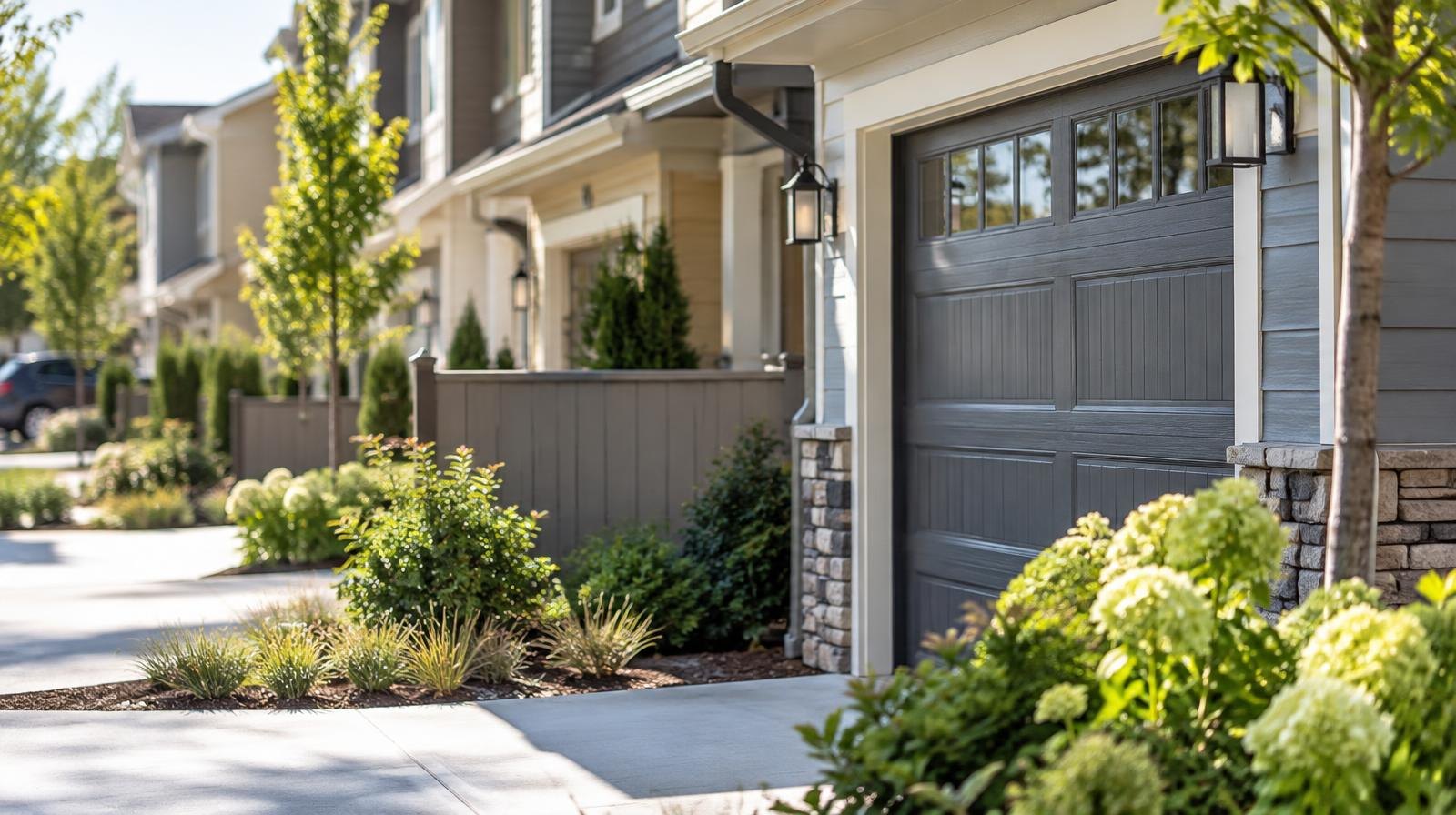 Row of modern townhomes with attached garages and fenced yards on a sunny afternoon.