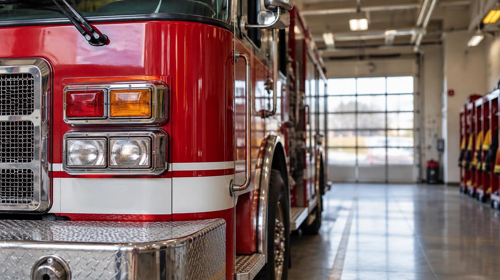 A red fire engine parked inside a modern fire station bay.