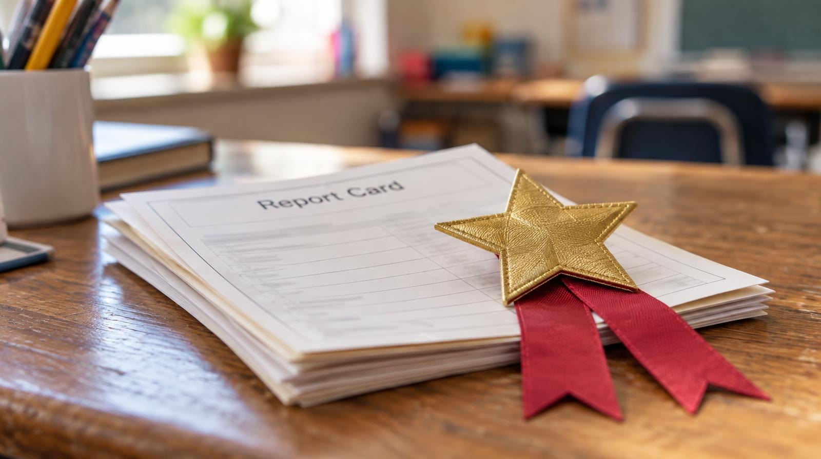 A gold star award ribbon resting on a stack of papers on a wooden desk.