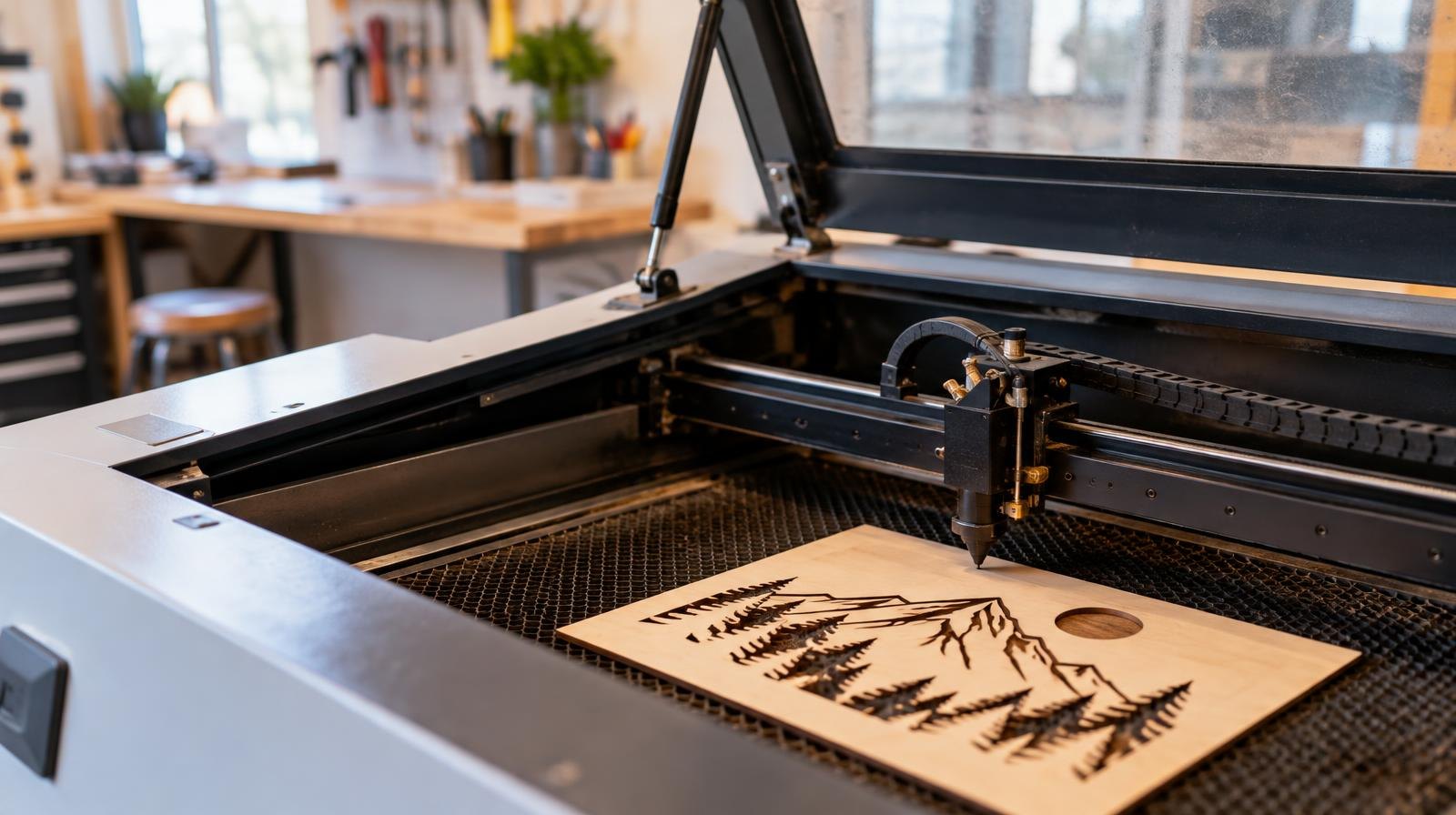 Laser cutter machine with a freshly cut wooden piece on the cutting bed.