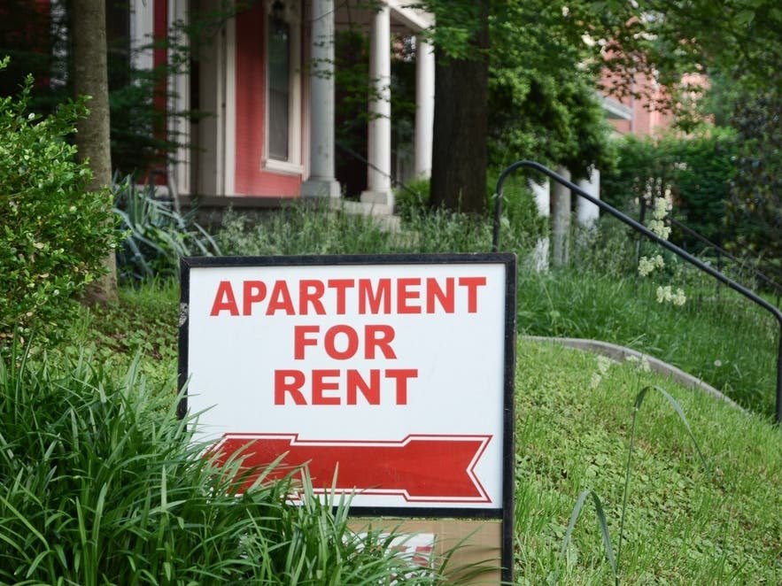 A white yard sign reading 'Apartment for Rent' with a red arrow on a grassy lawn.