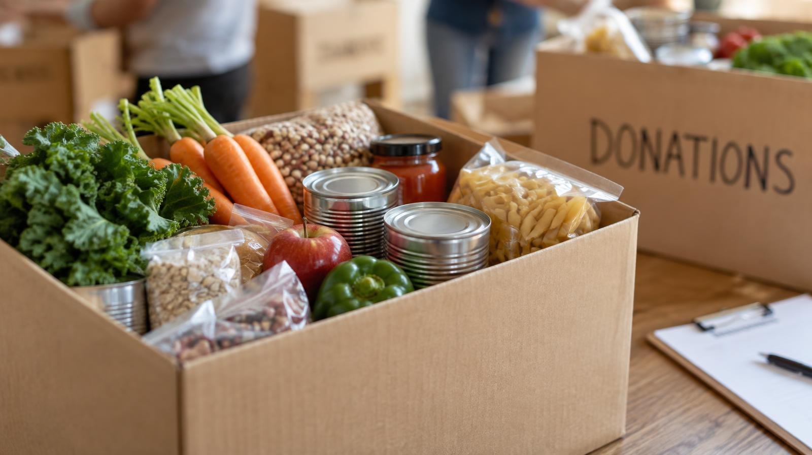 A cardboard box filled with canned goods, vegetables, and packaged food on a table.