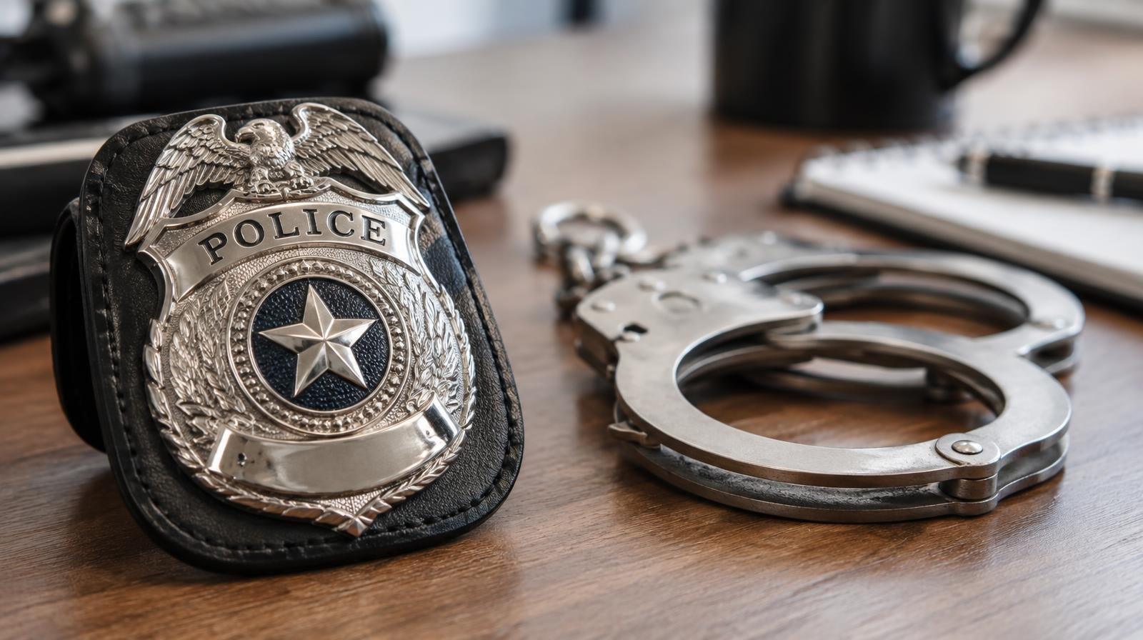 A police badge resting on a wooden surface beside a pair of handcuffs.