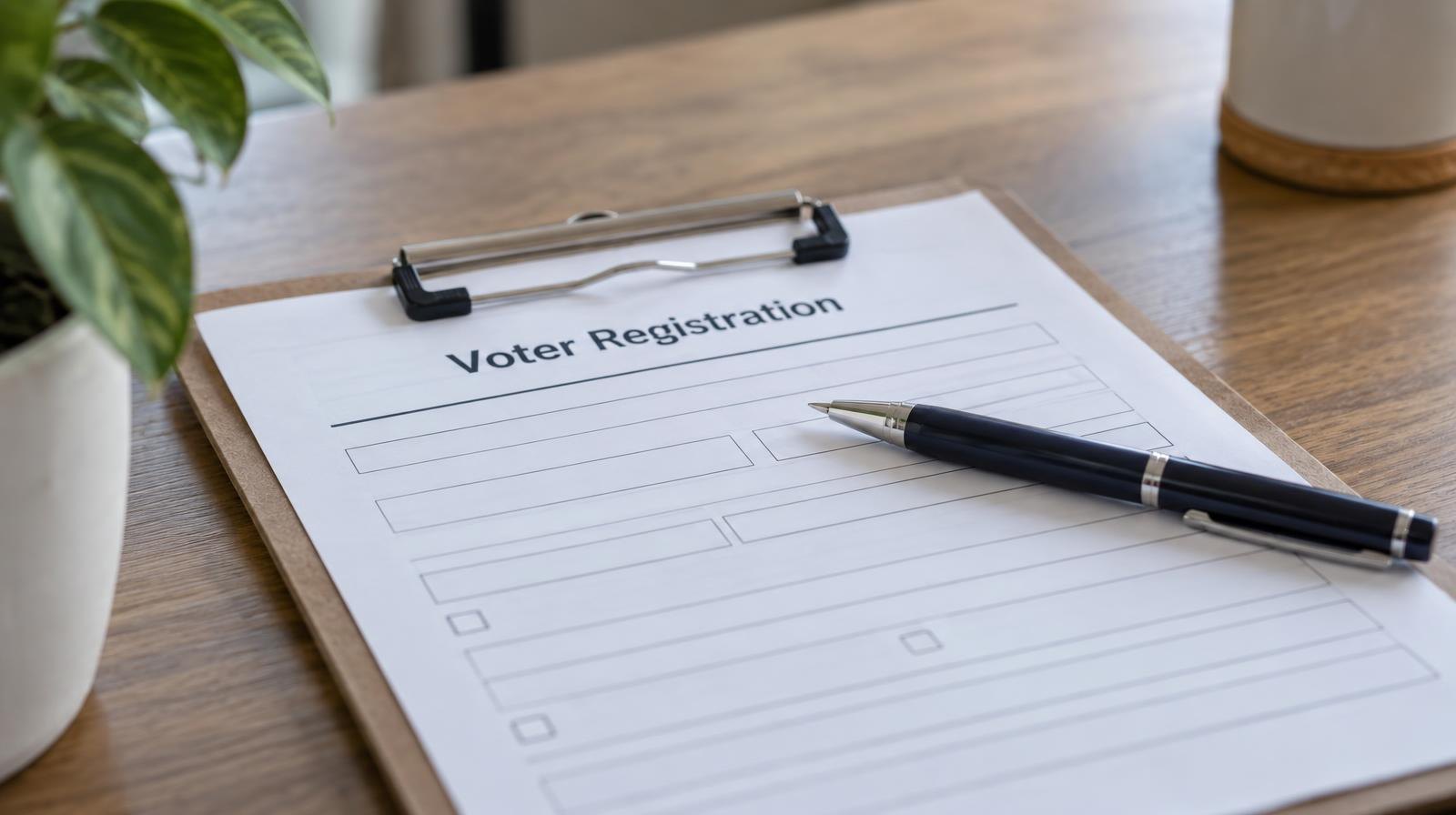 A blank voter registration form on a clipboard with a pen resting on top.