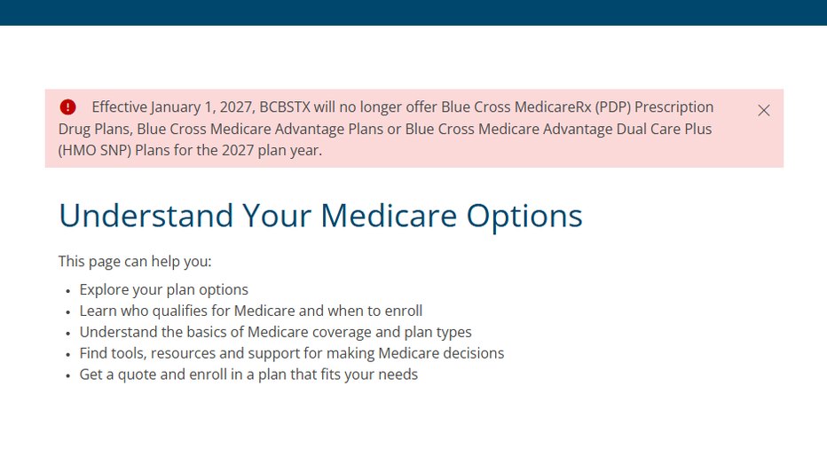 A red alert banner on a health insurance website announcing discontinuation of Medicare plans.