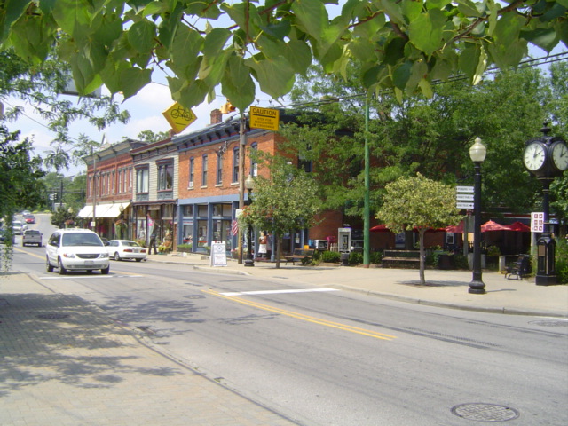 Street scene along Loveland Avenue in downtown Loveland with the Little Miami Bike Trail crossing visible.