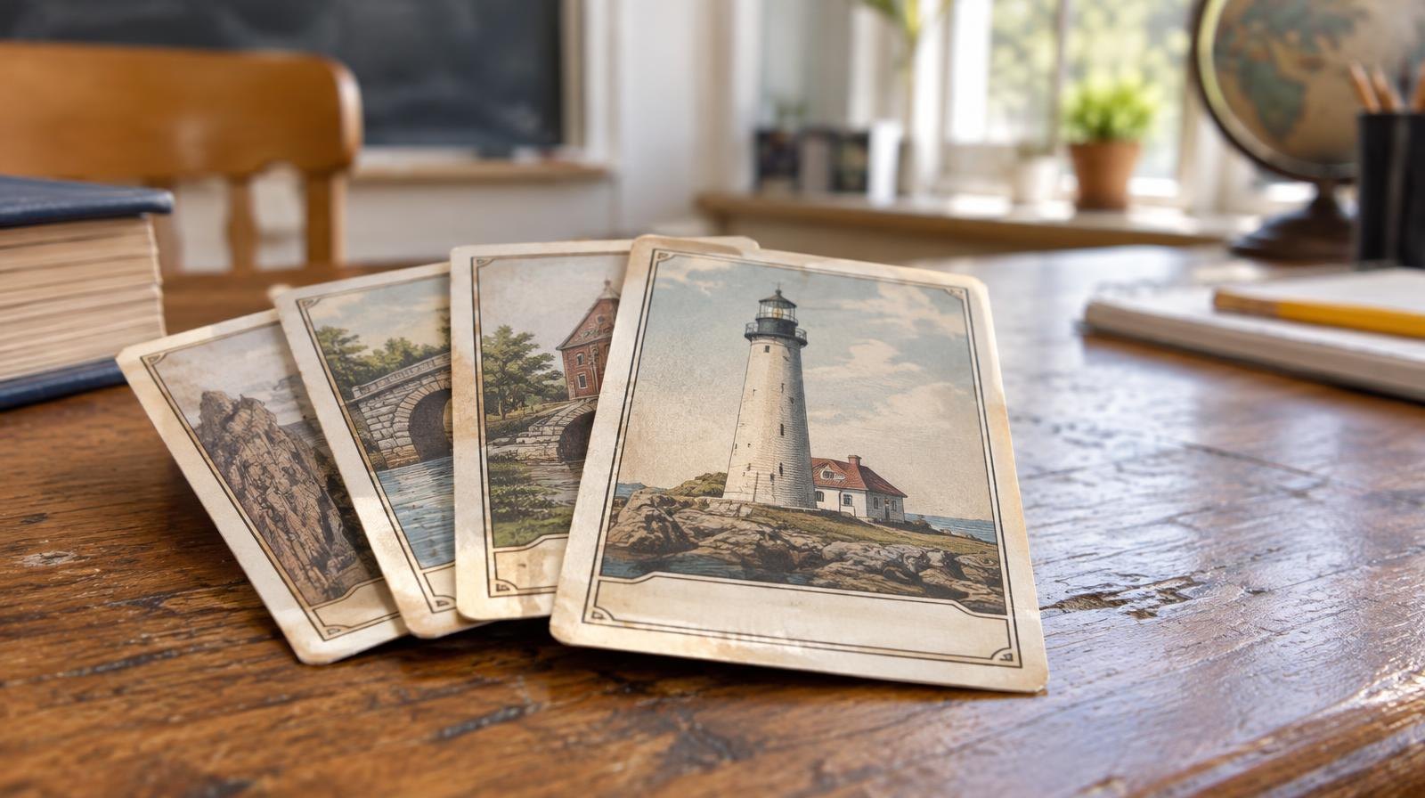 A fan of collectible trading cards spread out on a wooden desk.