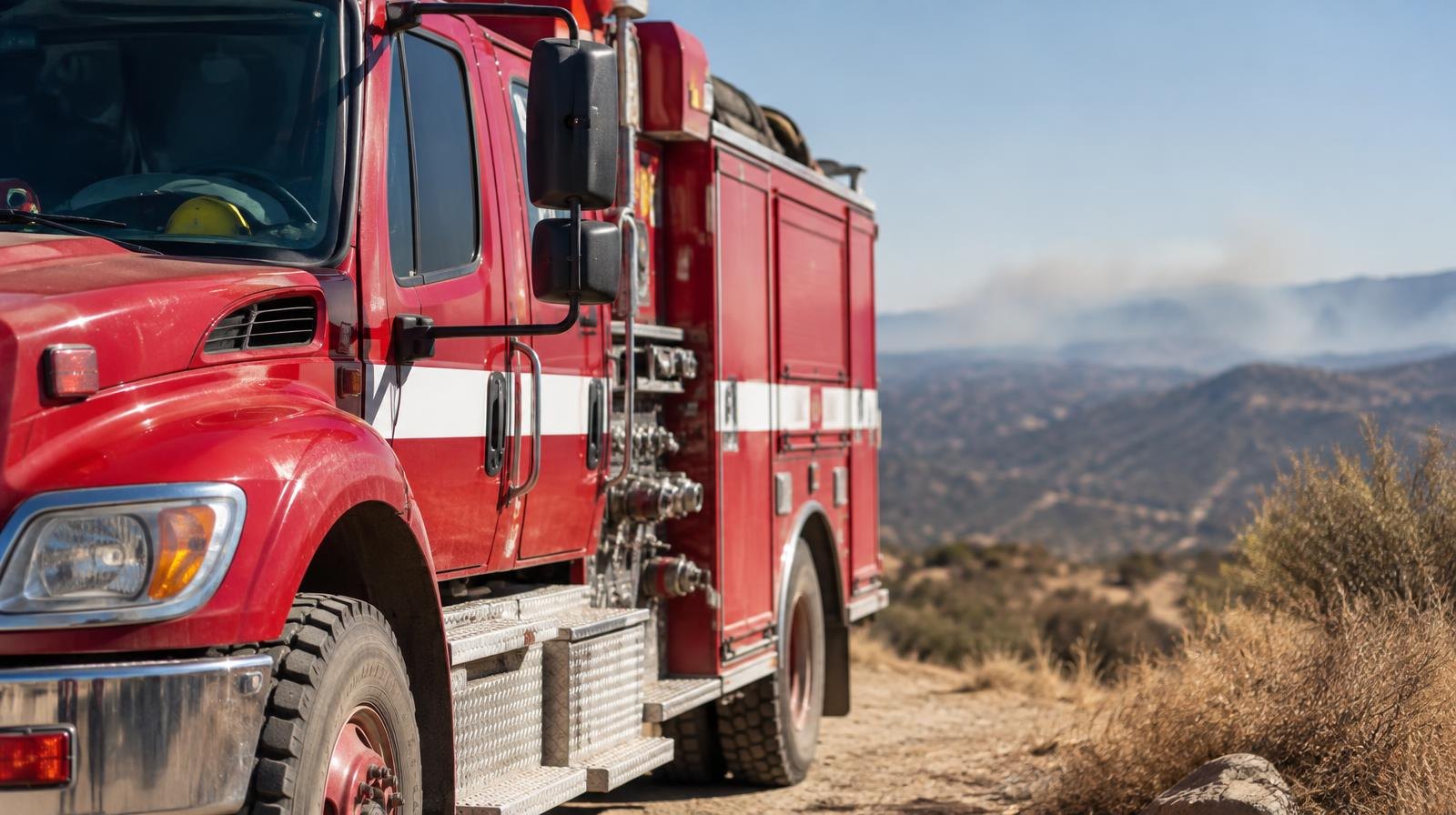 A red fire engine truck parked on a dry hillside road under a hazy sky.