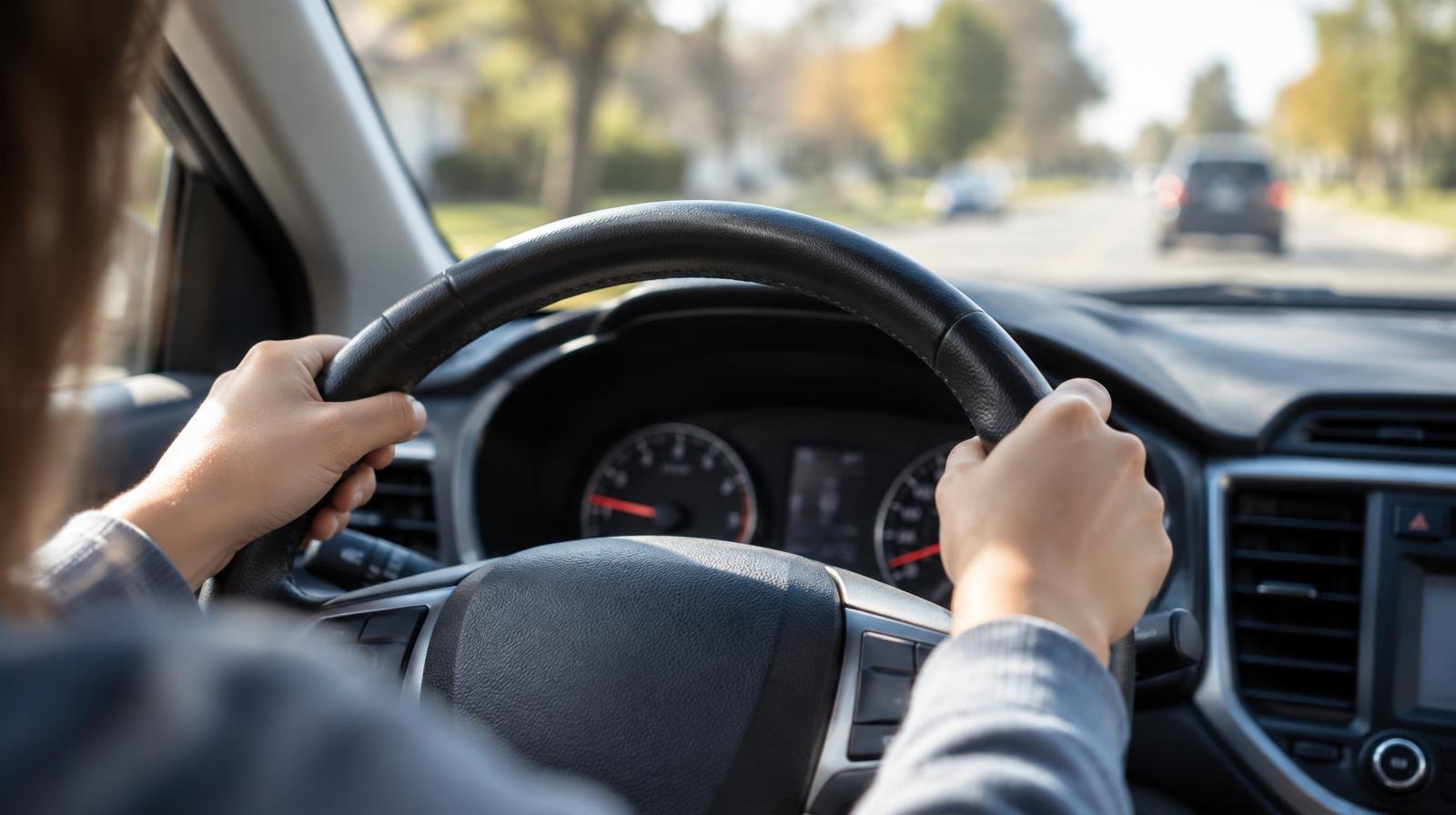 Hands gripping a car's steering wheel from the driver's seat perspective.