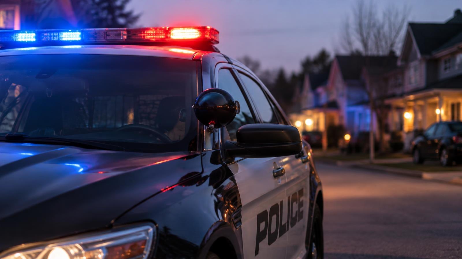 Police cruiser with red and blue lights on a quiet residential street at dusk.