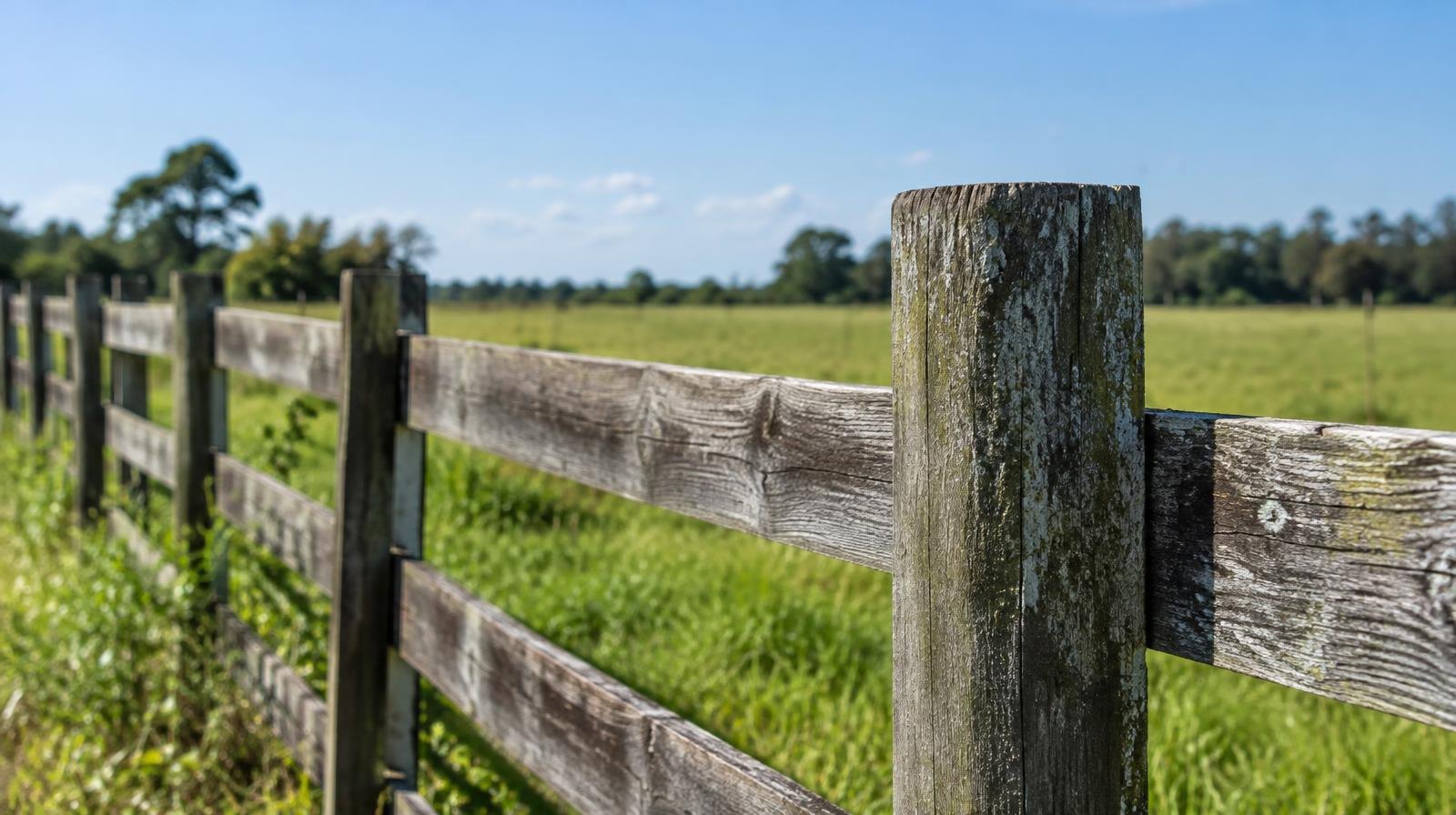 Wooden ranch fence crossing a wide green pasture under blue sky.