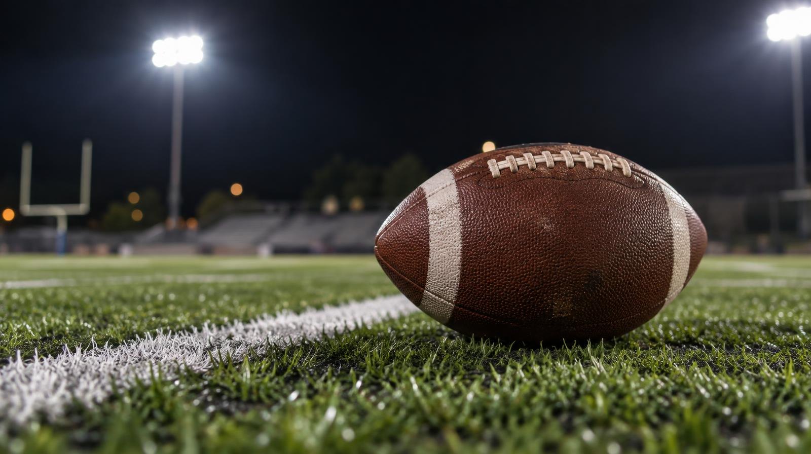 An American football resting on green turf beside a white yard line under bright stadium lights.