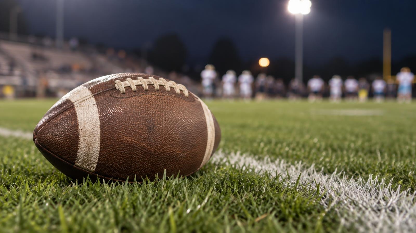 An American football resting on green grass beside a white painted yard line.