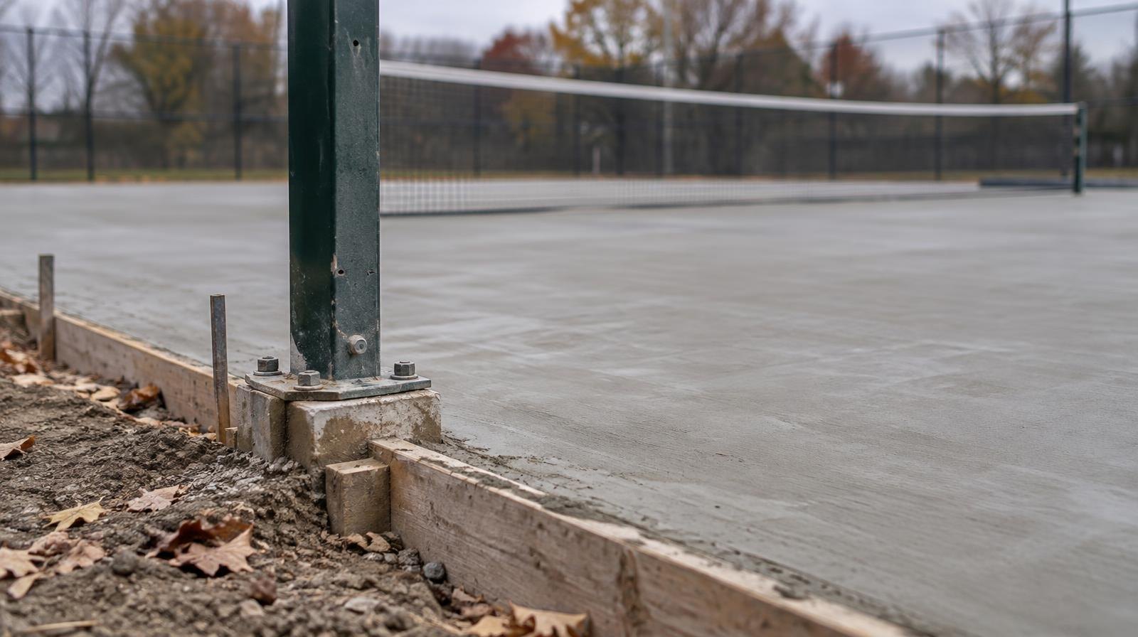 Freshly poured concrete tennis court surface with wooden forms along the edges