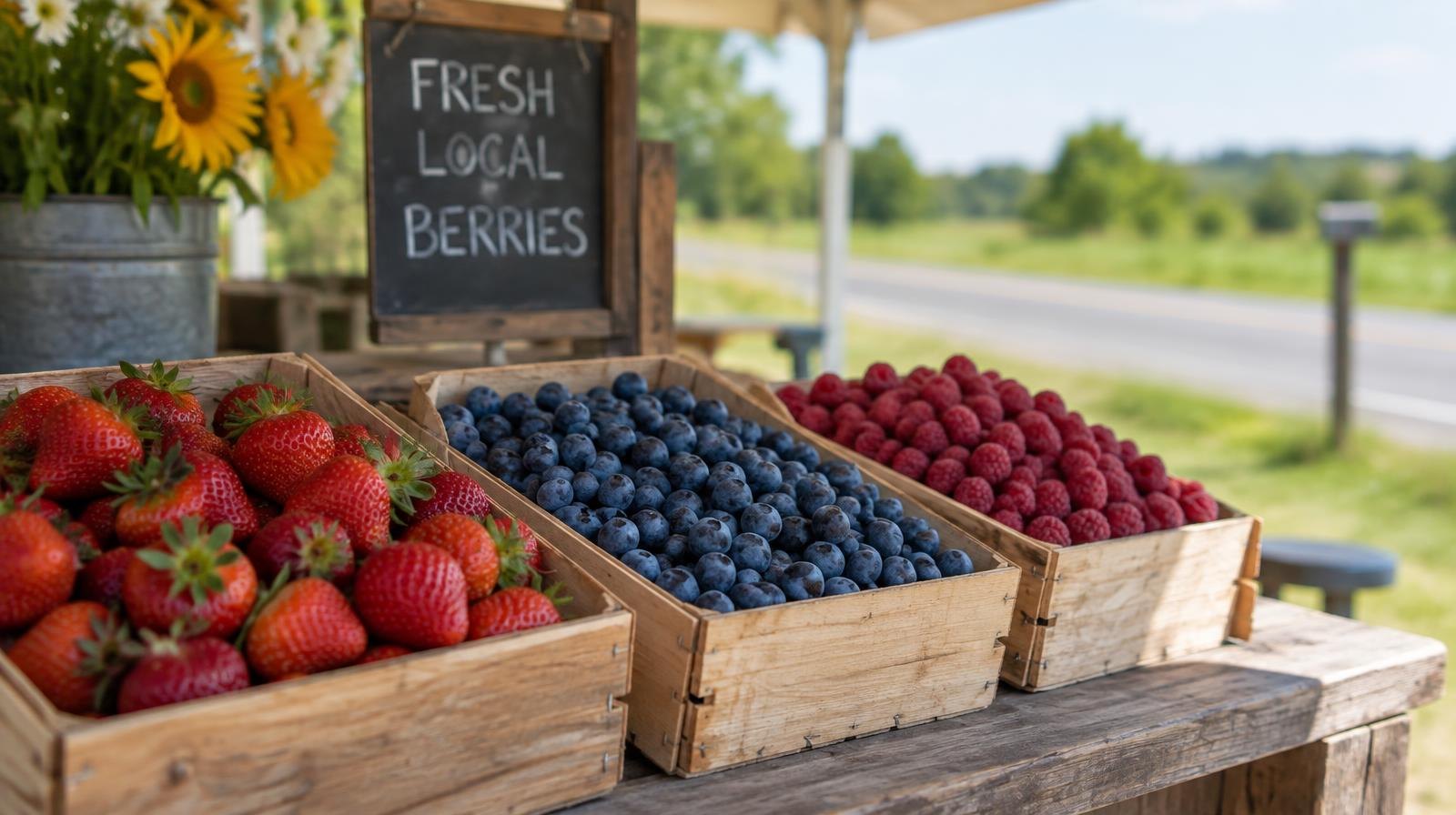 Wooden crates of fresh berries displayed on a rustic table at a roadside farm stand.