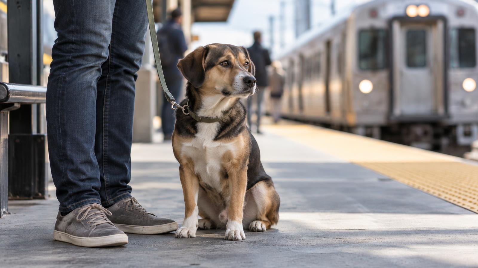 A leashed dog sitting quietly on a transit platform beside a train.