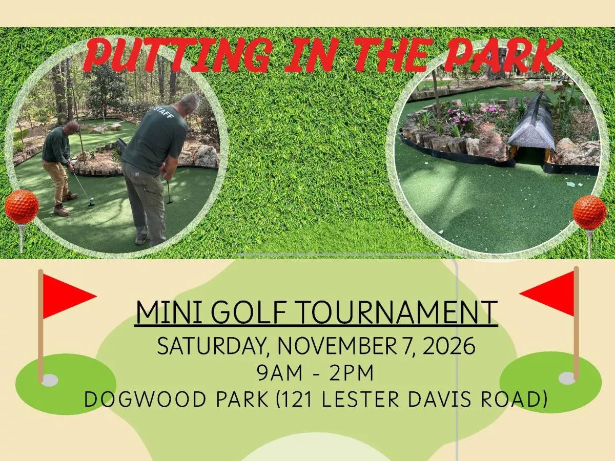 Event flyer for a mini golf tournament featuring two circular photos of people putting on a course.