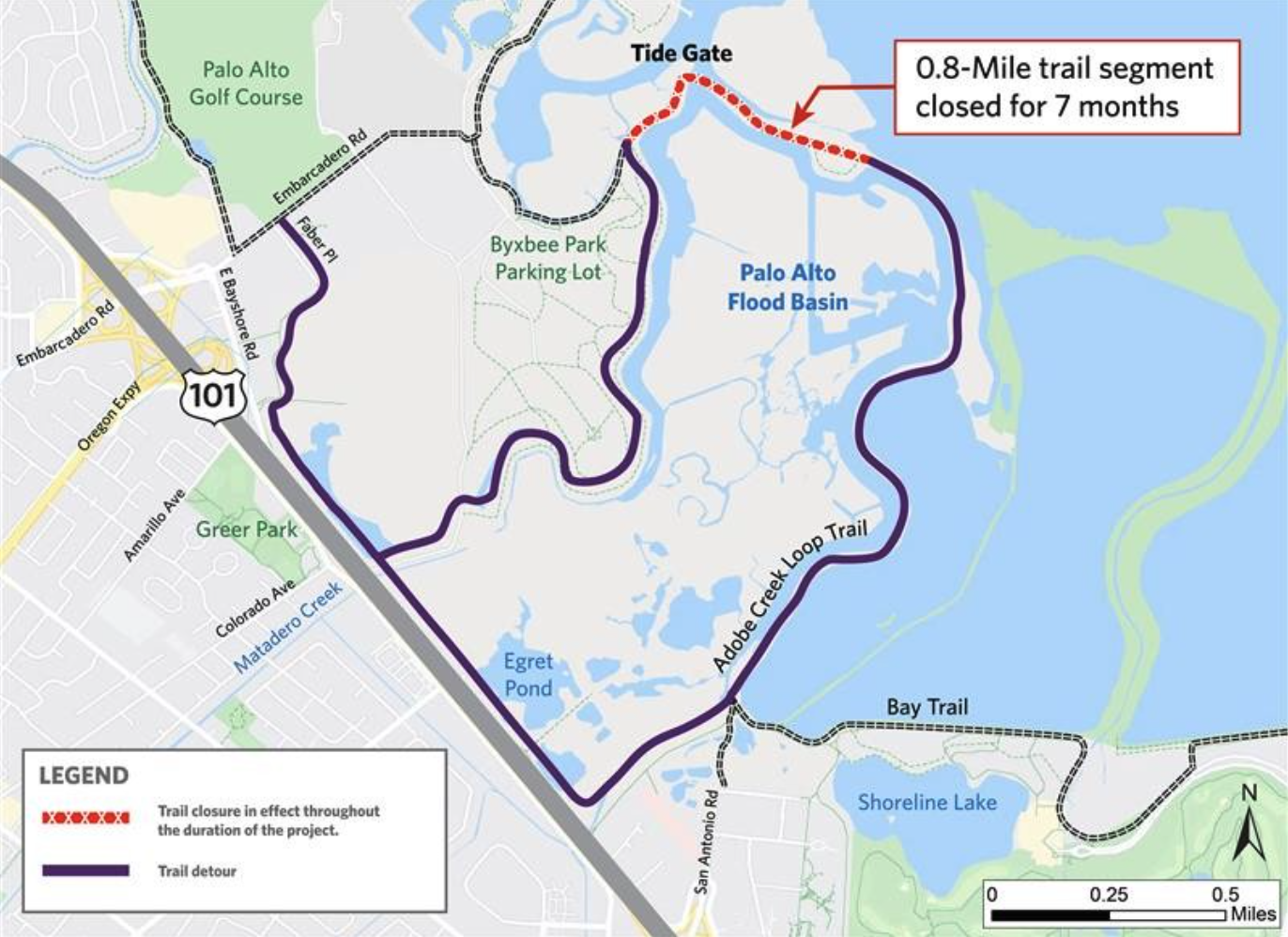 Map showing the 0.8-mile closure of the Adobe Creek Loop Trail near the tide gate in the Palo Alto Baylands, with a detour route marked around the flood basin.