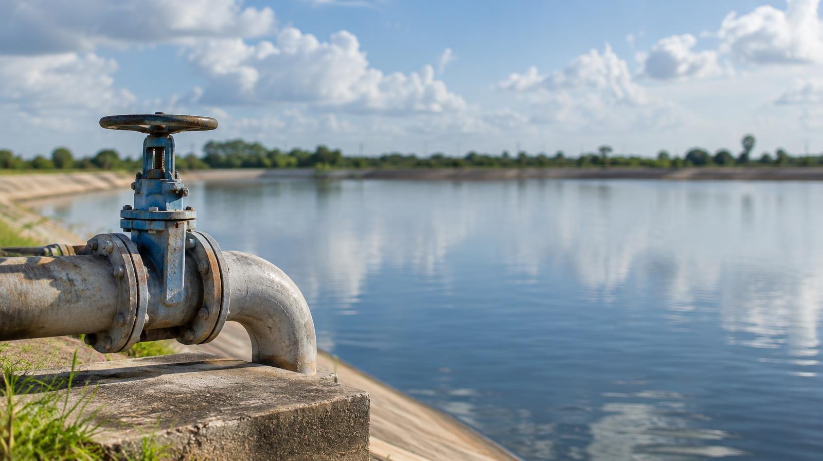 Calm water fills a large open-air reservoir under a partly cloudy sky.